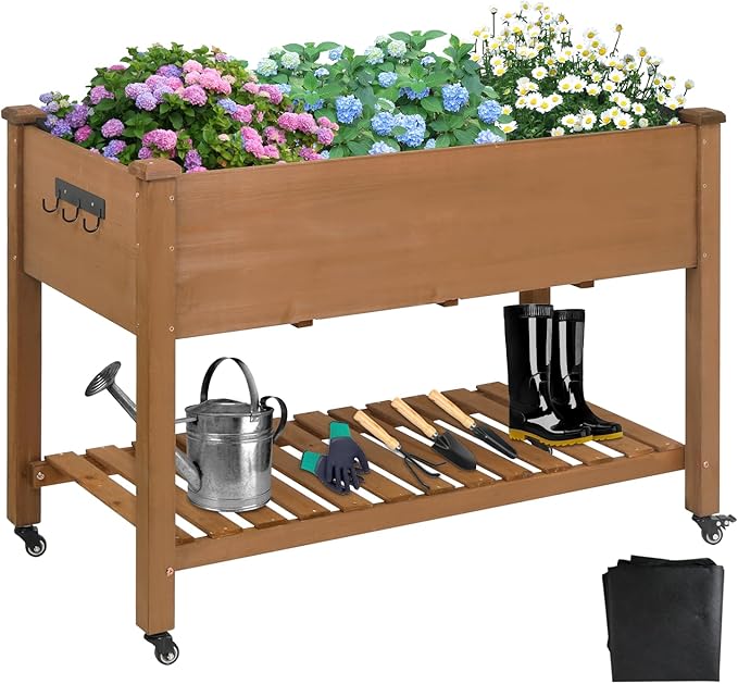Raised Garden Bed with Legs &amp Wheels – Outdoor Elevated Planter Box with Storage Shelf &amp Hooks for Vegetables Flowers and Herbs for Outdoor Gardening Patio Balcony48x 24x 33(Brown)