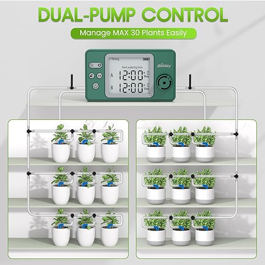 Automatic Watering System Dual Pump for Indoor Plants Built-in Rechargeable Battery Two Independent Water Zones Worry-Free Vacation Drip Irrigation Kit Water-Saving Smart Plant Waterer Green