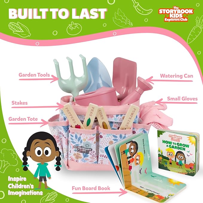 Floral Garden Kit Tools - Includes Sturdy Tote Bag Watering Can Gloves Shovels Rake and Delightful Children's Book - Kids Garden Tool Set -Easter Gifts for Toddler Age on up