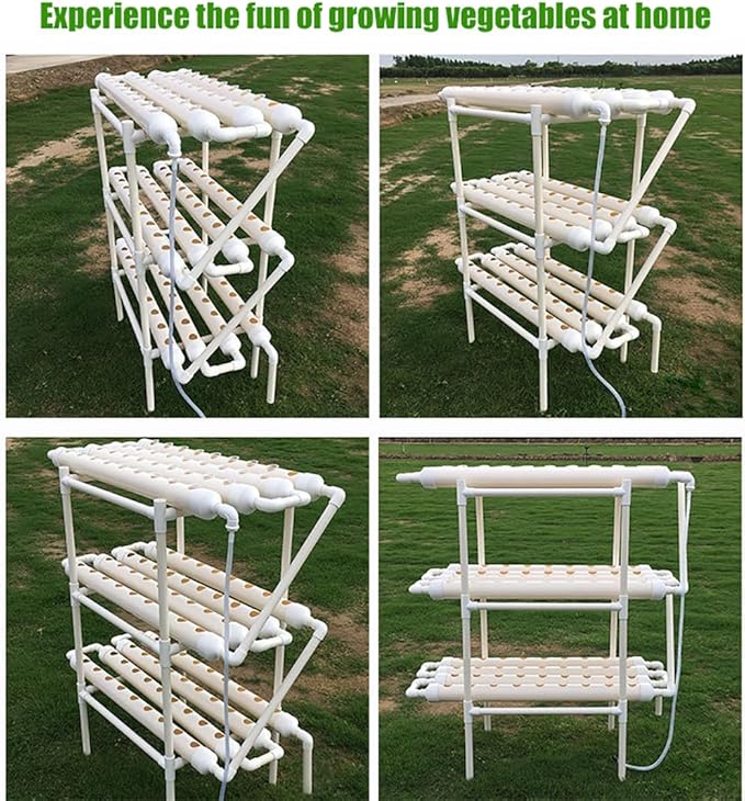 Hydroponics Growing System Kit 3 Layers 12 PVC-U Pipes Gardening System Grow Kit 108 Plant Sites with Water Pump Timer Nest Basket and Sponge for Leafy Vegetables