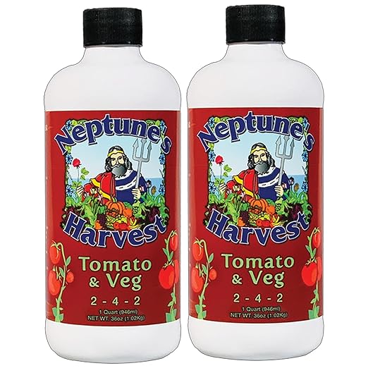 Neptune’s Harvest Organic Tomato &amp Vegetable Plant Fertilizer (2-4-2) - Liquid Plant Food w/Fresh Fish Seaweed Molasses Yucca Extract &amp Humic Acids - for Vegetable Garden (Quart (2 Pack))