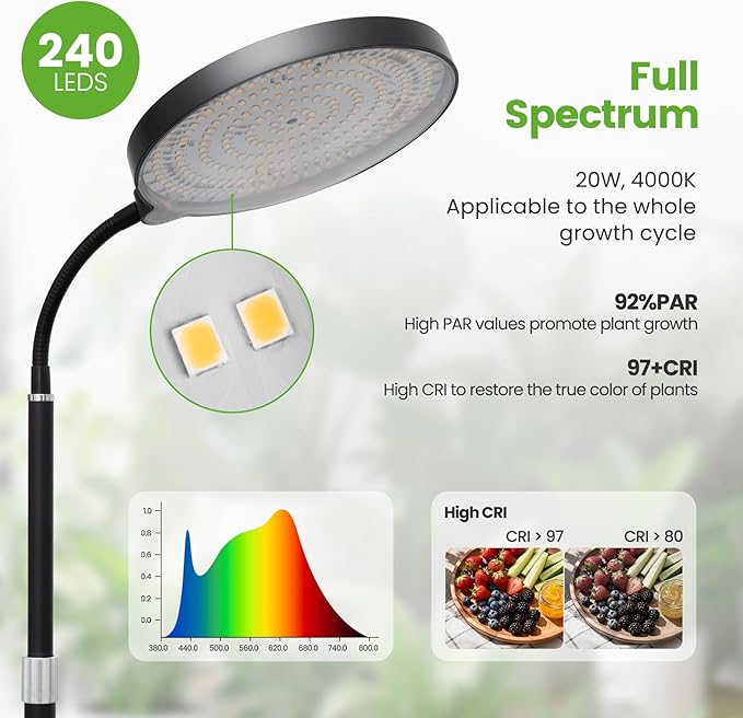 20W Full Spectrum Grow Light for Indoor Plants 63in Adjustable Floor Lamp with Gooseneck 4000K Natural Sunlike Light 3/9/12H Auto On/Off Timer 10-Level Dimmable for Tall Small Plants