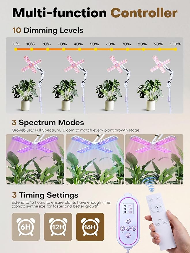 240 LEDs Grow Lights for Indoor Plants with Timer 6/12/16H Full Spectrum Plant Lights for Indoor Growing 10 Dimmable Level 24-72 Height Adjustable Tabletop Grow Light Floor Lamp with Remote Control