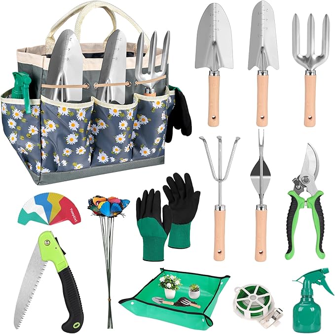 62-Piece Heavy-Duty Garden Tool Set Complete Garden Tool Kit with Stainless Steel Shovel Repotting Mat Pruning Shear&ampDurable Gardening Tool Bag Gardening Gift Set—Ideal Gift for Women/Men/Begi