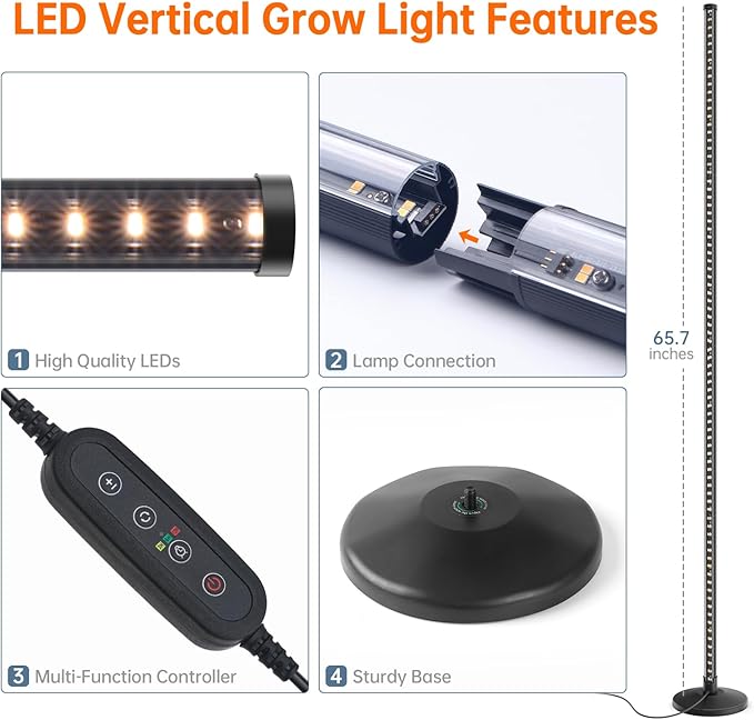 Bstrip Standing Grow Light for Indoor Plants Vertical Grow Light with 3 Light Modes Wide Illumination and Dimmable T10 Full Spectrum Floor Grow Lights 16in-65in Adjustable Height &amp Auto Timer