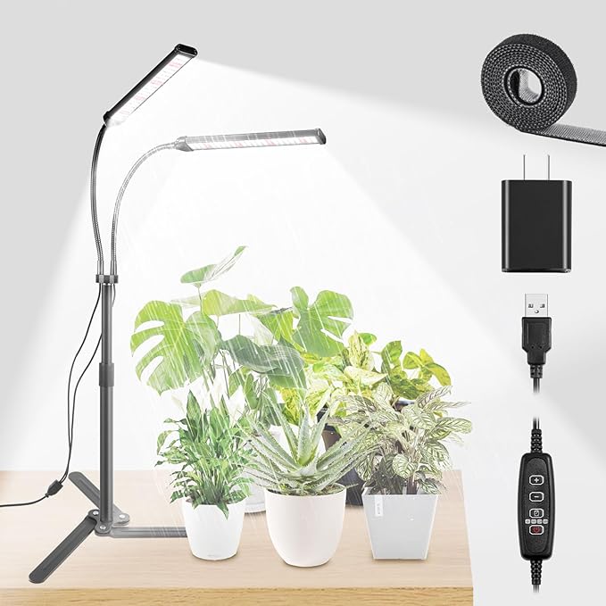 Grow Lights for Indoor Plants Full Spectrum LED Tabletop Plant Lights for Indoor Growing Dual-Head Gooseneck Plant Lamp with 5 Dimmable &amp Auto On/Off 4/8/12/18H Timer Height Adjustable 9.8-25''