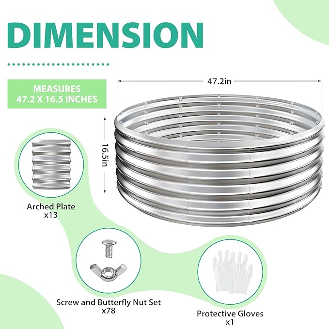 17 Tall Round Outdoor Garden Raised Garden Bed Kits-0.8MM Thick Metal Raised Planter Bed/Ground Planter Box for Variety of FlowersHerbsVegetablesTrees (Silver 48 Dia X 16.5inches)