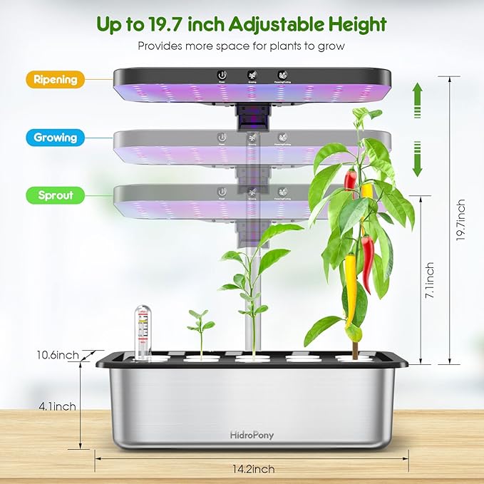 Indoor Garden Hydroponics Growing System: 15 Pods Stainless Steel Herb Garden Kit with Grow Light Plant Germination Kit 6L Large Tank Quiet Pump Auto Timer Christmas Gardening Gift for Women