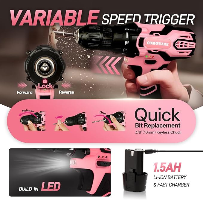 COMOWARE 12V Cordless Drill Set Pink Hand Tool Set with Cordless Drill Driver Complete Repair Tool Kit for Women Storage Bag Ideal for Office Garden Dorm and DIY Project