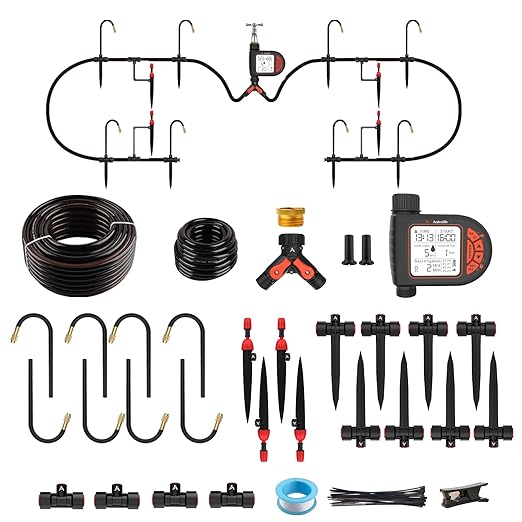 A ANLEOLIFE 82.4FT Automatic Drip Irrigation Kit with Water Timer 8 Programs &amp LCD Quick-Connect System 1/2 Mainline + 1/4 Tubing 360° Bendable Nozzles for Raised Beds Garden &amp Greenhou
