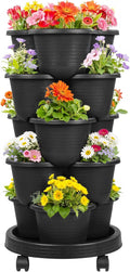 VECELO 5 Tier Vertical Garden Planter Self Watering Stackable Planters with Wheels for Strawberries Herbs Flowers Vegetables Black
