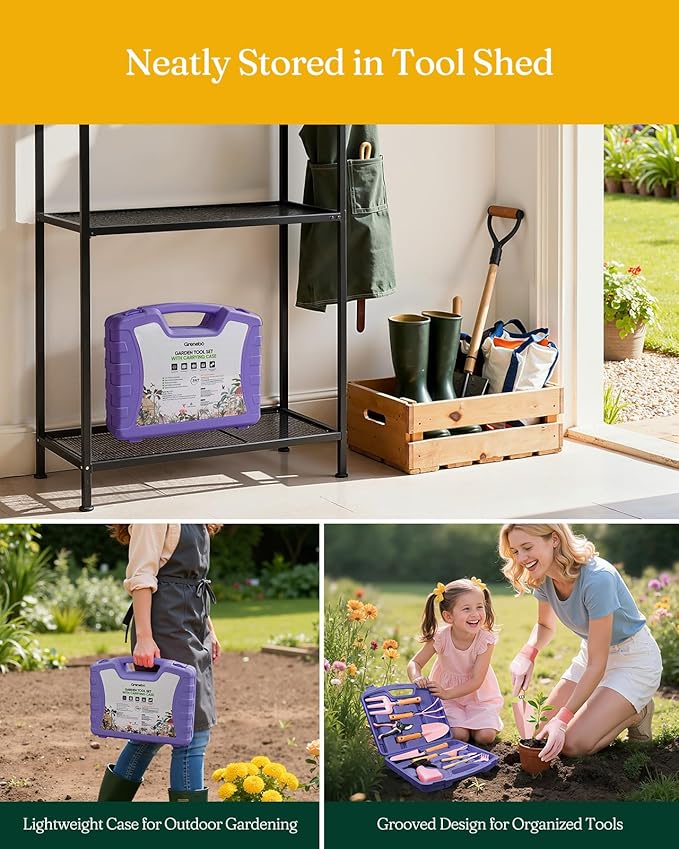 12-Piece Womens Gardening Tools Gift Set Rust-Proof &amp Heavy-Duty Garden Tools with Durable Carrying Case Fashionable &amp Thoughtful Gardening Gifts for Women&ampMen (Purple-Pink)