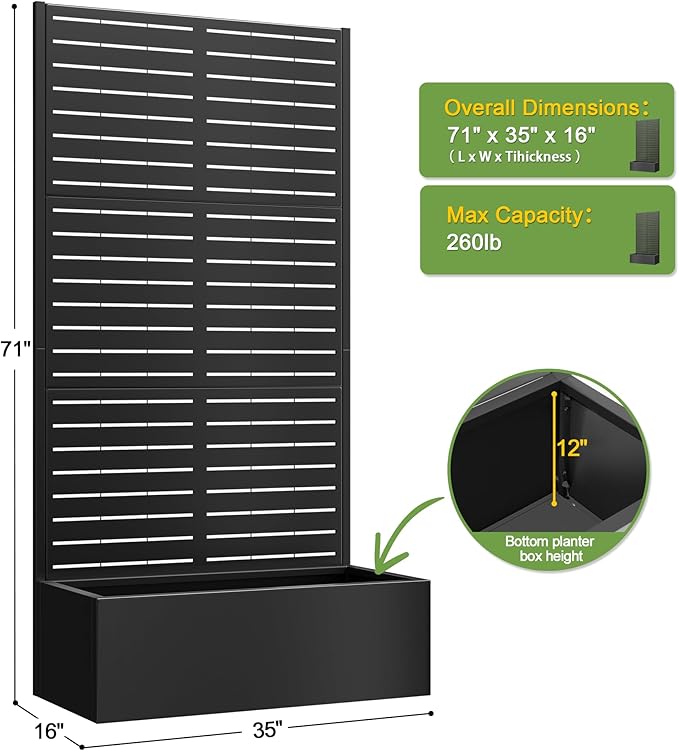 FENCY Metal Raised Garden Bed with Trellis Metal Planter Box with Trellis Garden Box for Climbing Plants Vegetable 35 Lx16 Wx71 H Garden Bed with Drainage Holes(Black-Louvered)