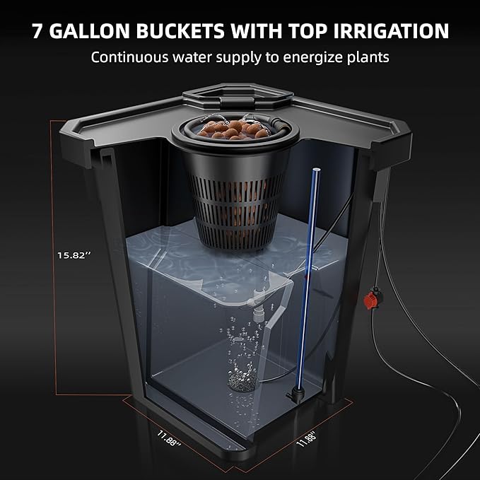 Spider Farmer DWC Hydroponics Grow System with 7-Gallon Deep Water Culture New Triangular Cover Design Recirculating Drip Garden System with Top Drip Kit 8W Air Pump 2 Buckets