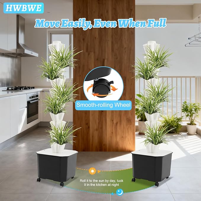 50 Pots Hydroponics Tower 8 Tiers Hydroponics Growing System Tower Vertical Tower Planter Pump Tower with Water Tank Irrigation Pump and Movable Water Tank for Hydroponic Gardening Lovers (White)