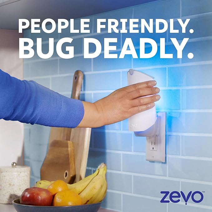 Zevo 4 Flying Insect Traps &amp 4 Cartridges - Plug In Fly Trap &amp Indoor Bug Catcher for Gnats House &amp Fruit Flies - Mess-Free - Use in Any Room - Uses Blue &amp UV Light (4 Plug In Devices