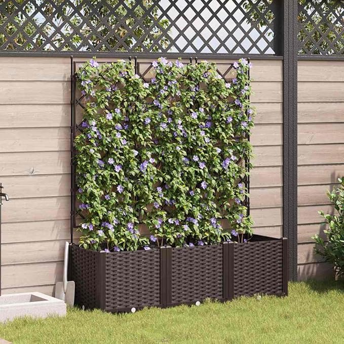 Garden Planter with Trellis 3 pcs Brown PP 47.2 Raised Garden Bed for Outdoor Plants Easy Assembly