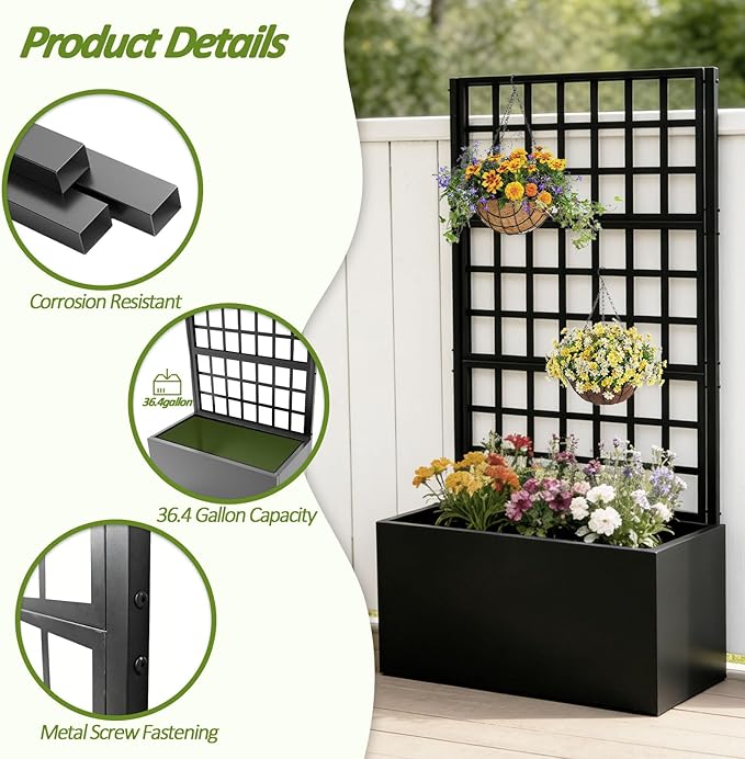 Metal Planter Box with Trellis - 63*31.5*15.8 Plastic-Coated Rustproof Trellis Planter Raised Garden Bed with Trellis Privacy Screen with Planter Box for Garden Balcony Patio