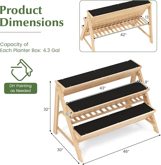 S AFSTAR 3-Tier Vertical Garden Bed Wooden Elevated Planter Bed with Legs Storage Shelf 2 Hooks Raised Bed Kit for Flower Vegetable Herb Outdoor Plant Box Stand for Yard Garden &amp Balcony
