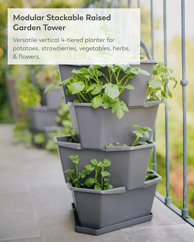 BUZZY Seeds Starter Stackable Vertical Planter – 4-Level Raised Garden Tower for Potatoes Strawberries Vegetables &amp Flowers (Gray)