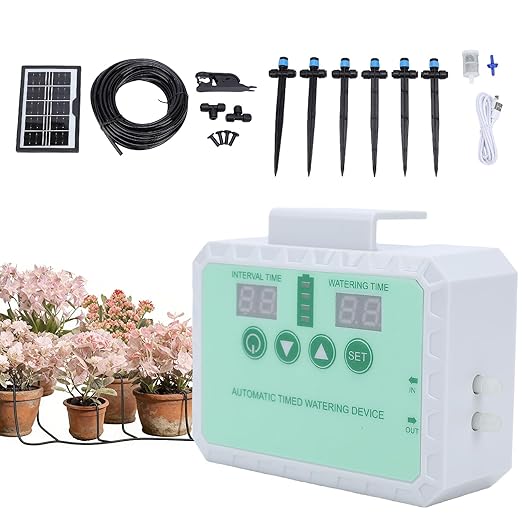 Fockety Drip Irrigation System Solar Automatic Drip Irrigation Kit with Timer Rainwater Collector and Adjustable Nozzle Automatic Watering System for Plants Indoor Outdoor (White)