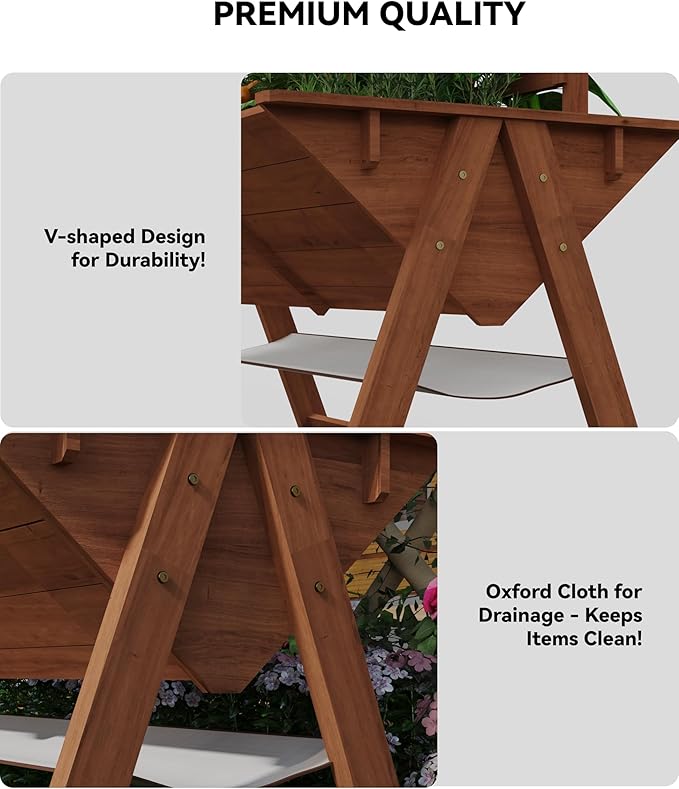 Large Wooden Raised Garden Bed with Trellis &amp Storage Shelf Tall Elevated Planter Box with Legs Extra Deep Standing Planter with Drainage Holes for Outdoor Vegetables Flowers &amp Herbs Natur