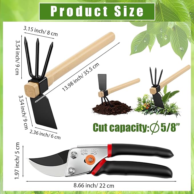 2 Pcs Garden Tool Set - Heavy Duty Pruning Shears &amp 2-in-1 Hoe Cultivator for Weeding Digging &amp Trimming 5/8-inch Cut Capacity Clippers Gardening Hand Tools for Home and Raised Bed