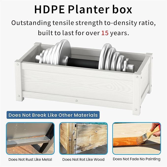 HDPE Planter Box All-Weather Outdoor Garden Bed Easy to Assemble Drainage System Low Maintenance Non-Fading for Flower/Herb/Seed (White)