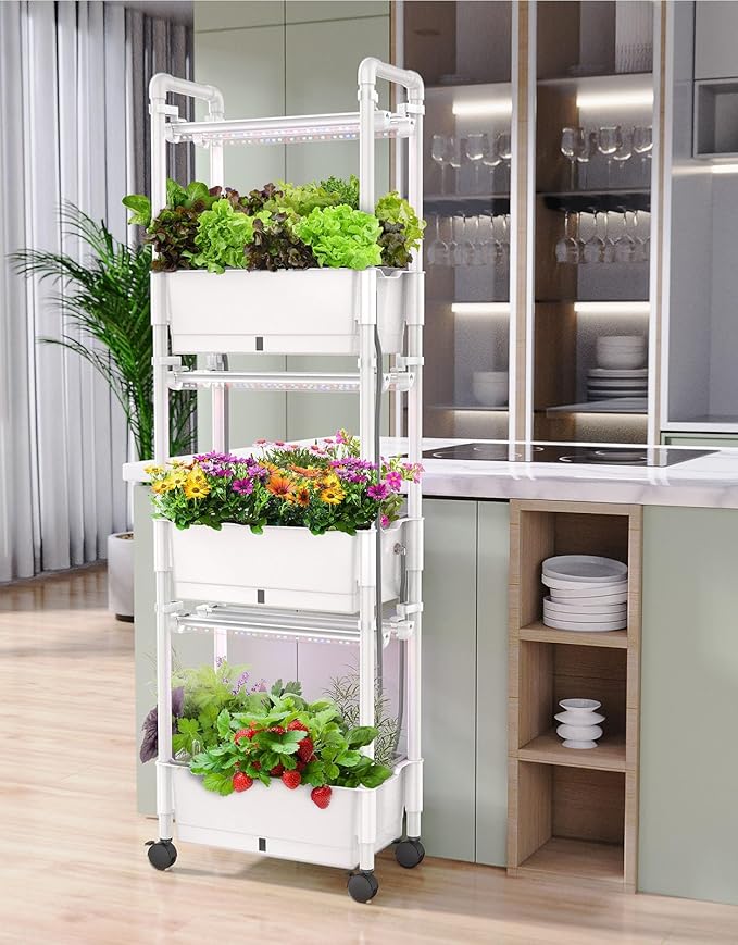 Hydroponics Growing SystemAOONEG 42Pods Indoor Herb Garden with LED Grow LightHydroponics Growing System Kit with Automatic TimerPump SystemAdjustable Height (No SeedGlossy White 3Layer-42Pods)