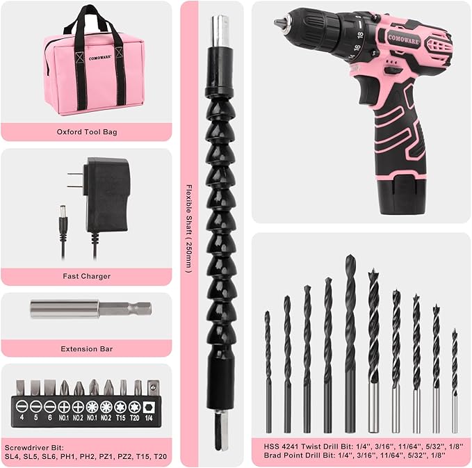 COMOWARE Pink Cordless Drill Set for Women 12V Lightweight Electric Screwdriver with 3/8 Keyless Chuck 1.5Ah Battery - Portable Power Drill Kit with Pink Tool Bag for Home DIY Projects