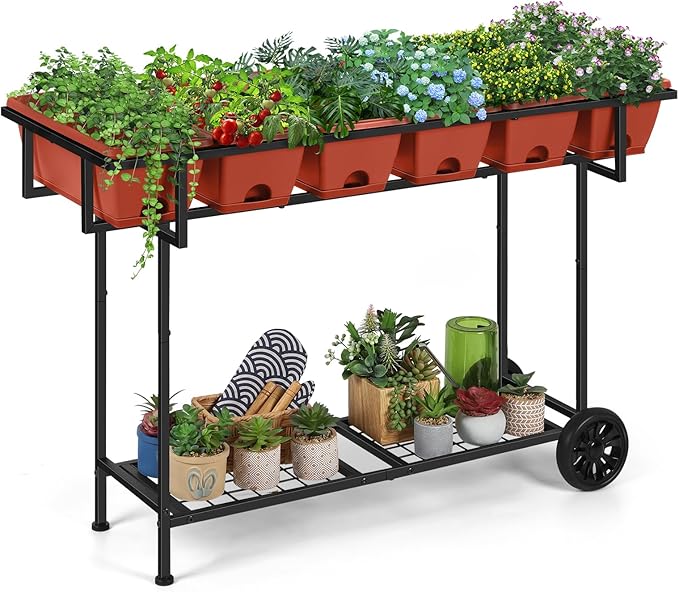 Vrisa Elevated Raised Garden Bed Outdoor with Legs 43x17x29 in Plastic Standing Planter Box with Storage Shelf and Wheels Vegetables Herbs Flowers Gardening Boxes for Backyard Patio Balcony Black