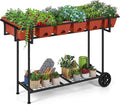 Vrisa Elevated Raised Garden Bed Outdoor with Legs 43x17x29 in Plastic Standing Planter Box with Storage Shelf and Wheels Vegetables Herbs Flowers Gardening Boxes for Backyard Patio Balcony Black