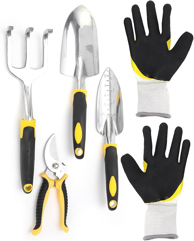 5Pcs Gardening Tool Kit Transplanting Spade Pruner with Cast Aluminium Head Heavy Duty Ergonomic Wood Handle for Planting Flowers Gardening Tool Kit Garden Tool Set Gardening