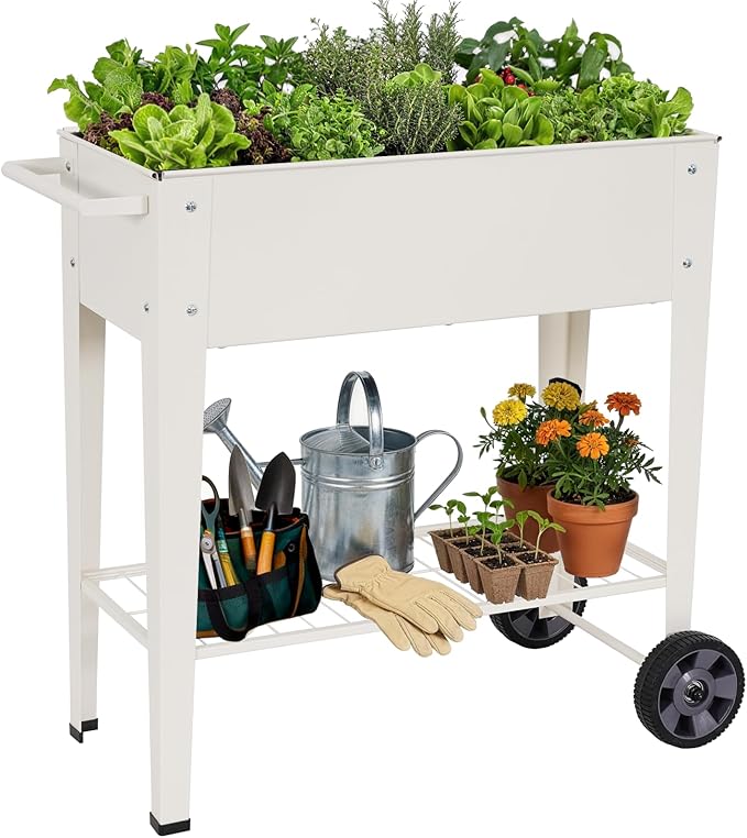 Elevated 32 Tall Raised Garden Bed with Legs and Wheels for Mobility Metal Planter Boxes Outdoor with Shelf Raised Bed for Gardening Vegetables/Herbs Backyard Patio Balcony White
