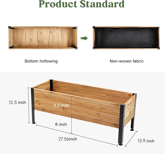 Wooden Rectangular Flower Box with Short Iron Legs Planting Bed for Flowers and Vegetables Suitable for Garden and Balcony. Dimensions: 27.56 * 13.9 * 12.5 inches
