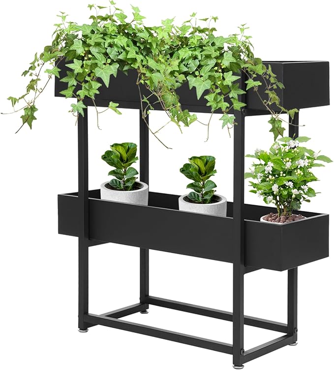 2 Tier Standing Planter Box 29 Inch Outdoor/Indoor Metal Planter Box Elevated Garden Box Raised Garden Bed for Vegetable Flower Herb Fruit