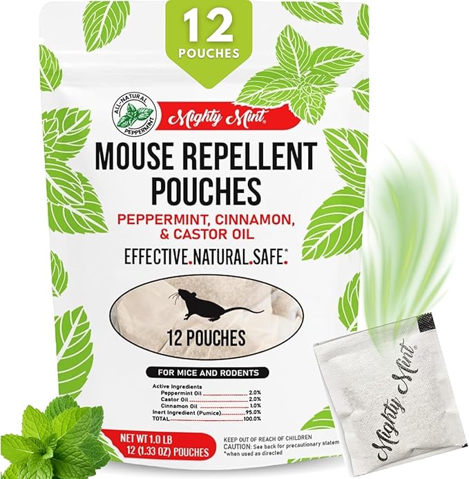 Mighty Mint Mouse Repellent Pouches – Peppermint Castor Oil &amp Cinnamon Formula – Natural Indoor Deterrent for Mice and Rodents – Plant-Based Long-Lasting Protection – 12 Count