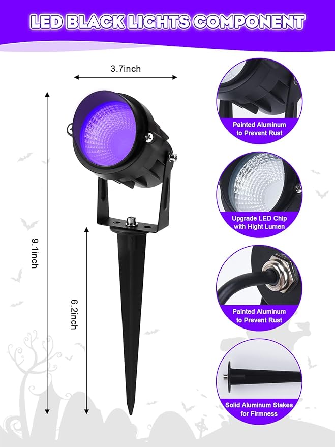 Outdoor Black Light Halloween Spotlight 12W Purple Spotlights LED Blacklight Waterproof Spot Landscape Lights with US Plug for Glow Party Poster Bar Yard Garden Gyms Decor (2Pack)