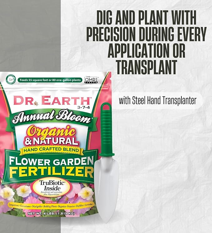 Dr Earth Organic Fertilizer Granules Marigold Daylilies Plant Food – Bundle with Steel Hand Transplanter Poly Handle – Formulated for Flower Booster containerized – Gift Set (2 Items)