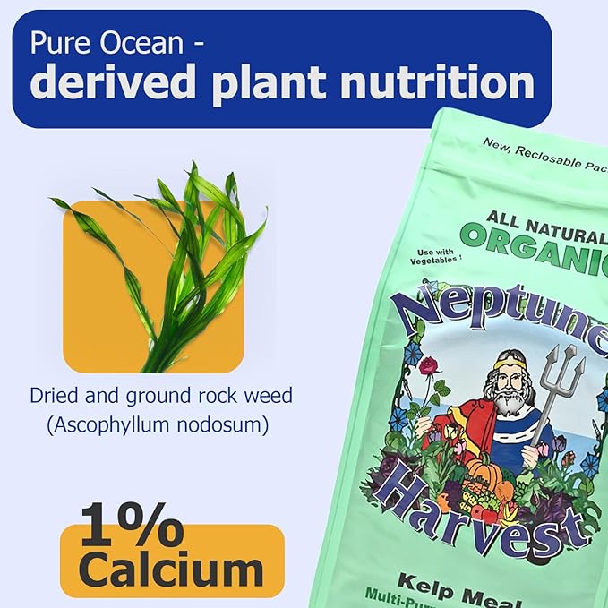 Neptune’s Harvest Organic Kelp Meal Plant Food (1-0-2) - 4 lb Resealable Bag - Multi-Purpose Seaweed Fertilizer - Indoor &amp Outdoor Plant Fertilizer for Lawns Gardens Vegetables &amp Bulbs