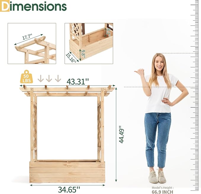 Outvita Raised Garden Bed with Trellis Wood Planter Box with Hanging Roof Side Trellis and Drainage Holes Above Ground Elevated Garden Bed for Outdoor Climbing Plants Vegetables (Natural Wood)