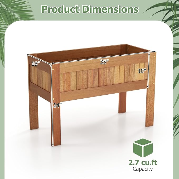 Giantex Wooden Raised Garden Bed Wood Elevated Planter Box w/Legs 35”Lx 16”Wx24”H Outdoor Planter Stand for Flower Herb Vegetable Fruit Succulent