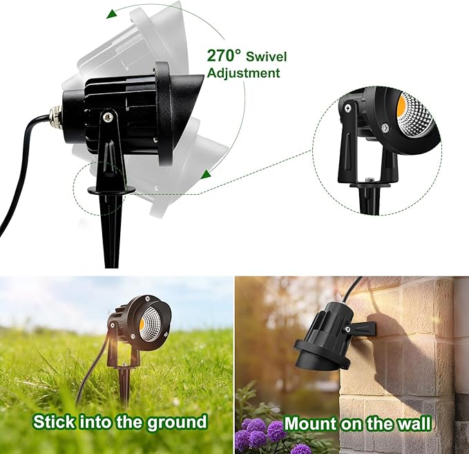 Romwish Outdoor Spotlight 3000K Warm White12W LED Spot Lights Outdoor for Yard Garden Tree 120V Plug in Landscape Lighting with IP65 Waterproof for Lawn Decorative 4 Pack