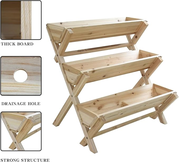 3 Tier 47 x 47 x 22in Raised Garden Bed Horticulture Outdoor Elevated Flower Box Tiered Garden Bed Wooden Vegetables Growing Planter for Backyard/Patio/Gardener (Color : Natural)