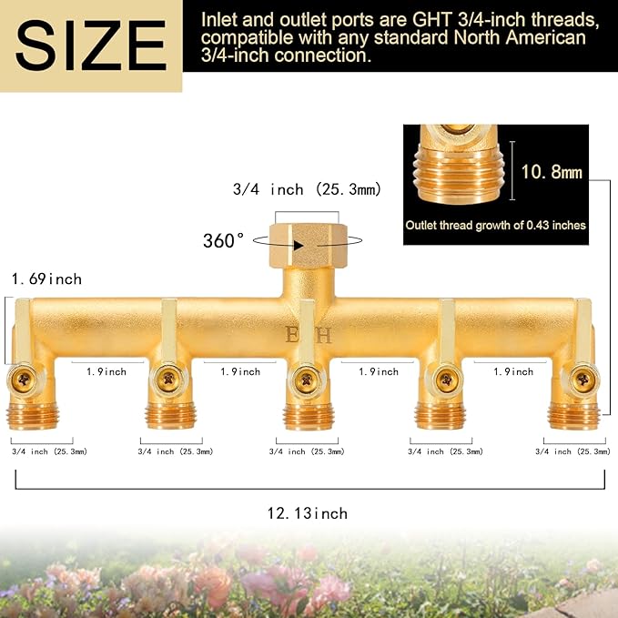 EBH Brass Garden Hose Splitter 5 Way Outdoor Frostproof Tap Hose Splitter with 5 Individual On/Off Valve and Extended Handle GHT 3/4-Inch Heavy Duty Hex Female Inlet and 3/4-Inch Male Outlet