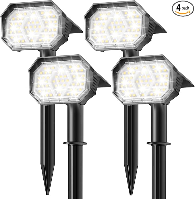 Brightown 4Pack Solar Spot Lights Outdoor with 58 LED &amp 1800mAh IP67 Solar Lights Outdoor Waterproof with 3 Light Modes 2-in-1 Dual Use Outdoor Solar Lights for Yard Garden and Pathway (Cool Wh