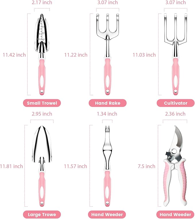 Garden Tools 8 Piece Gardening Tools with Bag Heavy Duty Stainless Steel Garden Tools Set Outdoor Hand Tools Ideal Garden Tool Kit Gifts for Women Pink.