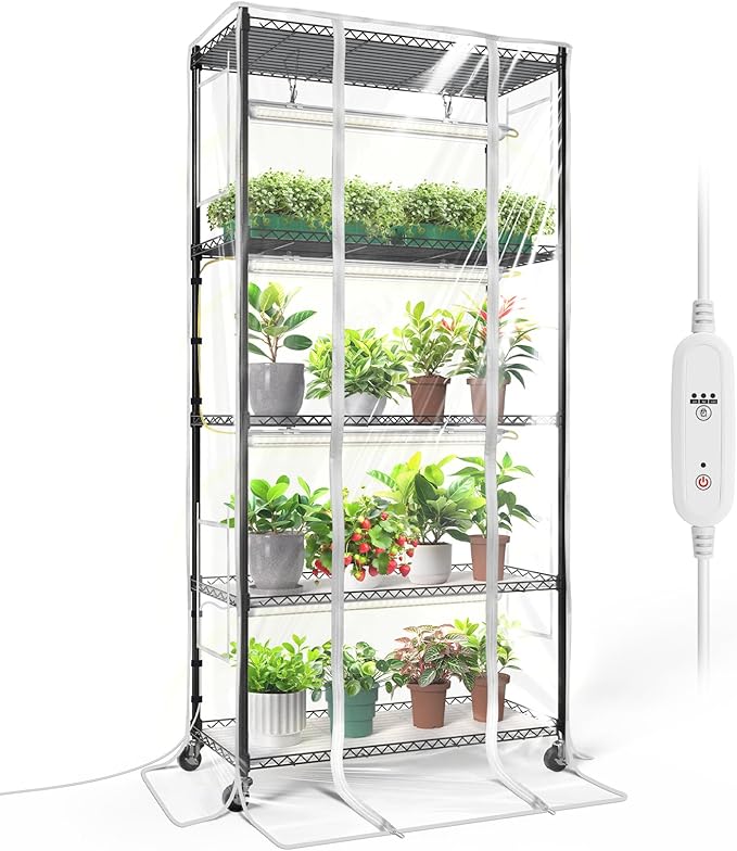 Bstrip Indoor Greenhouse with Grow Light Mini Green House with 4 Pack T8 Full Spectrum Plant Lights with Timer Indoor Greenhouse Cabinet for Indoor Plant Seed Starting Seed Tray 29.5x13.8x59