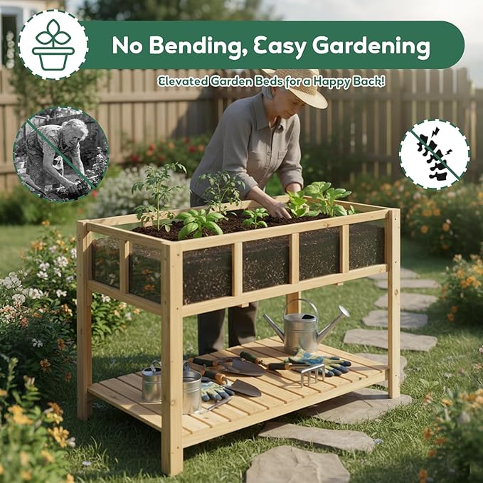 PetsCosset Raised Garden Bed with Legs Elevated Planter Box Stand with Storage Shelf &amp Observation Panels for Backyard Patio Balcony No Bending Design (Natural Wood)