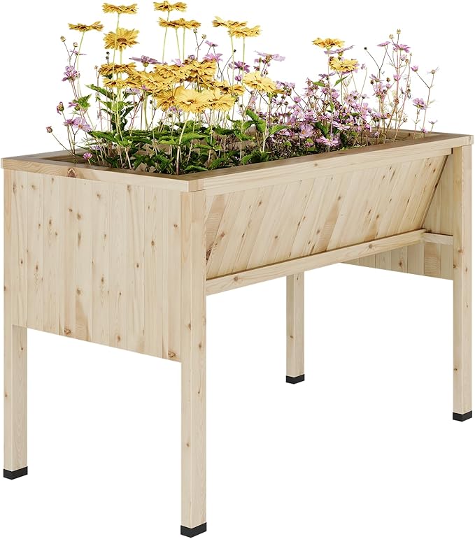 3.8x2x2.5 Ft Elevated Wooden Raised Garden Bed with Legs &amp Hooks - Outdoor Standing Planter Box for Vegetables Herbs Flowers - Natural Cedar Raised Garden Beds for Backyard Patio Balcony